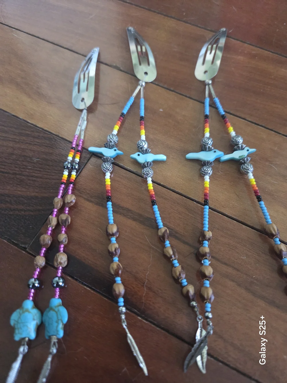 Beaded Navajo Hair Clips with Bird & Turtle Charms- Handmade